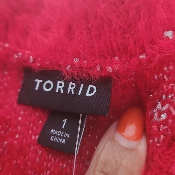 Torrid Eyelash Lurex Crew Pullover Sweater With Snowflake Red & Silver 1X 14-16 - Picture 8 of 16